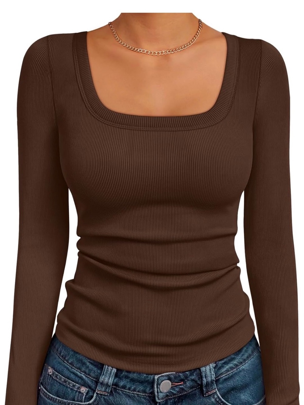 Amazon Women's Brown Long Sleeve Square Neck Top - Picture 2 of 6